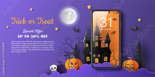 Paper art style of a haunted house with bats, tombstones, and full moon for banner, poster or background, online shopping concept.