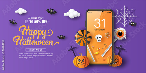 Halloween sale promotion banner with a discount offer on a special occasion, give voucher, banner, poster or background, paper art and craft style, online shopping concept.