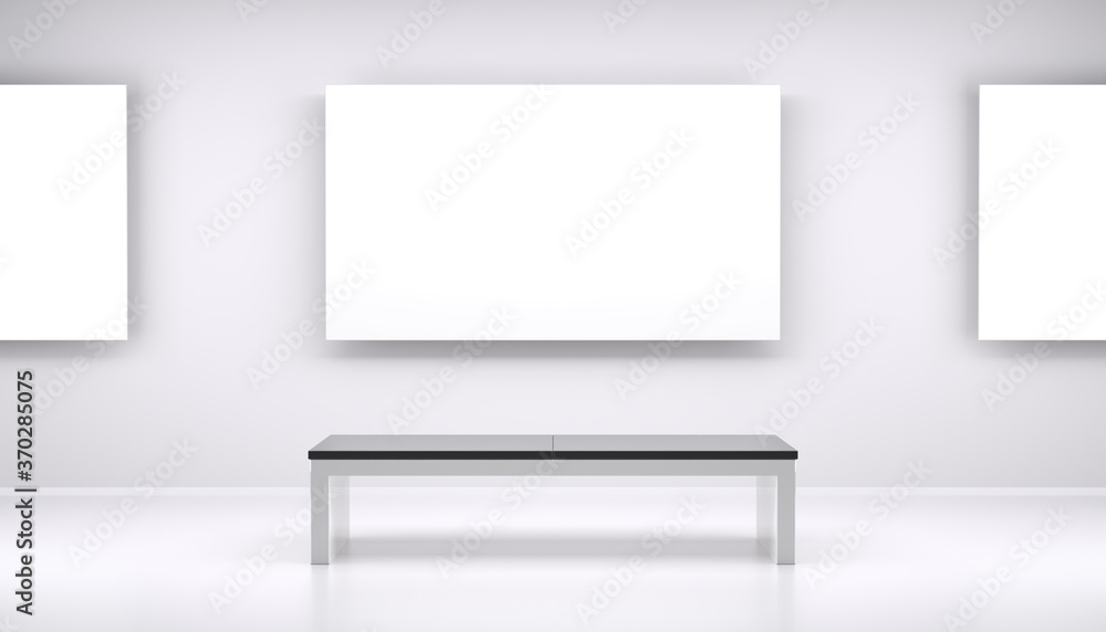 Museum with Blank Art on Walls and Bench for Seating - 3D Rendering Museum with Blank Art on Walls and Bench for Seating - 3D Rendering