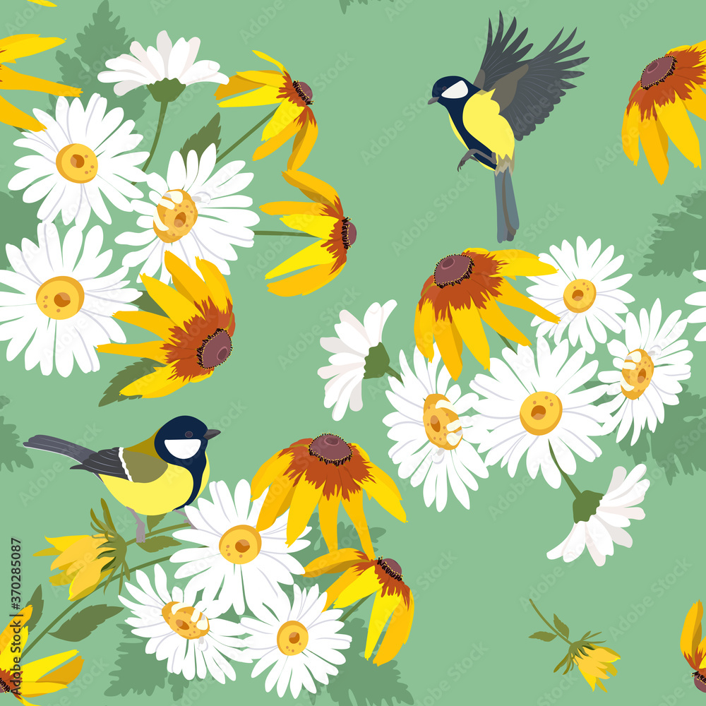 Fototapeta premium Seamless vector illustration with chamomile, rudbeckia and birds