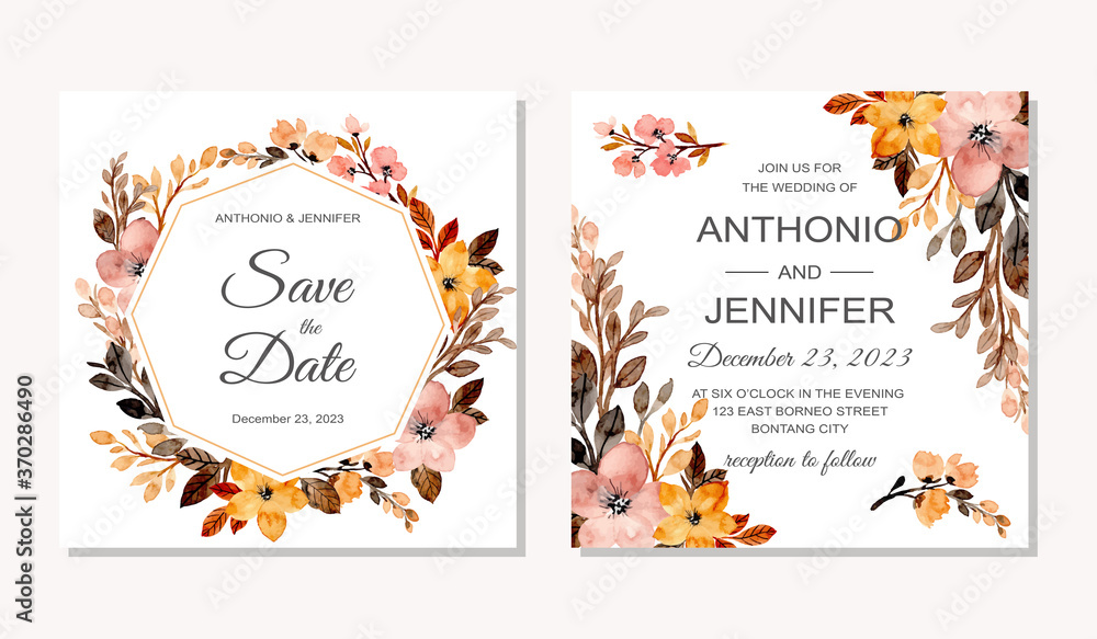 Fototapeta premium wedding invitation card with floral watercolor