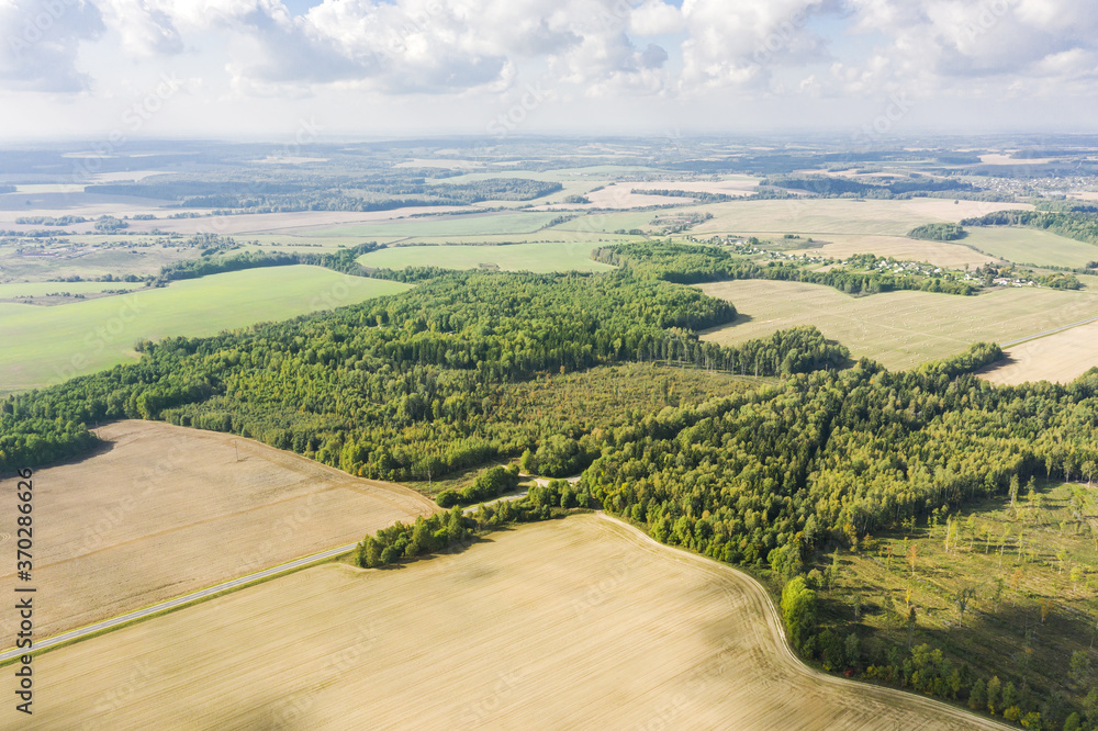countryside farmland landscape on bright summer day. cultivated fields between forests. aerial photo from the drone