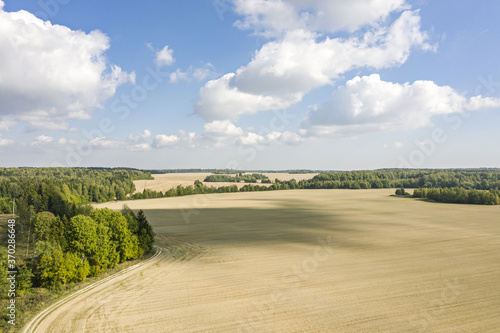 rural landscape with agricultural fields under blue sky and white clouds. bright summer day. aerial view