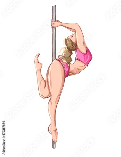 Pole dance. Postures for pole dancing. A blonde girl in a pink tracksuit on a white background. Stock image. Illustration for t-shirts, advertising, and dance studios.
