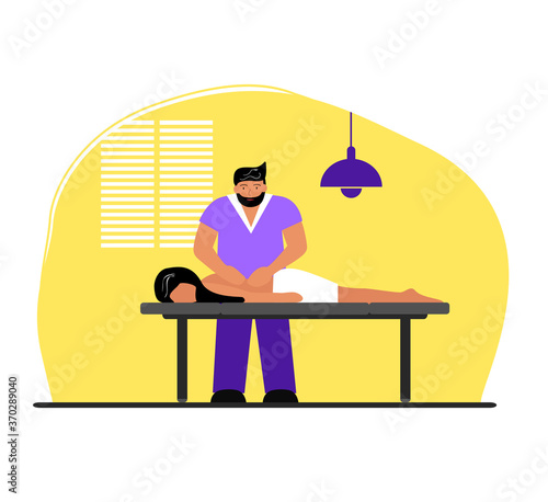 Vector flat illustration of a masseur doing a massage to a girl. Back massage. Moon therapy. Medicine. Back ailments. Moon therapist. Relaxation, spa. Back massage