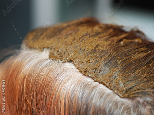 Canvastavla henna dyeing gray hair on a woman's head