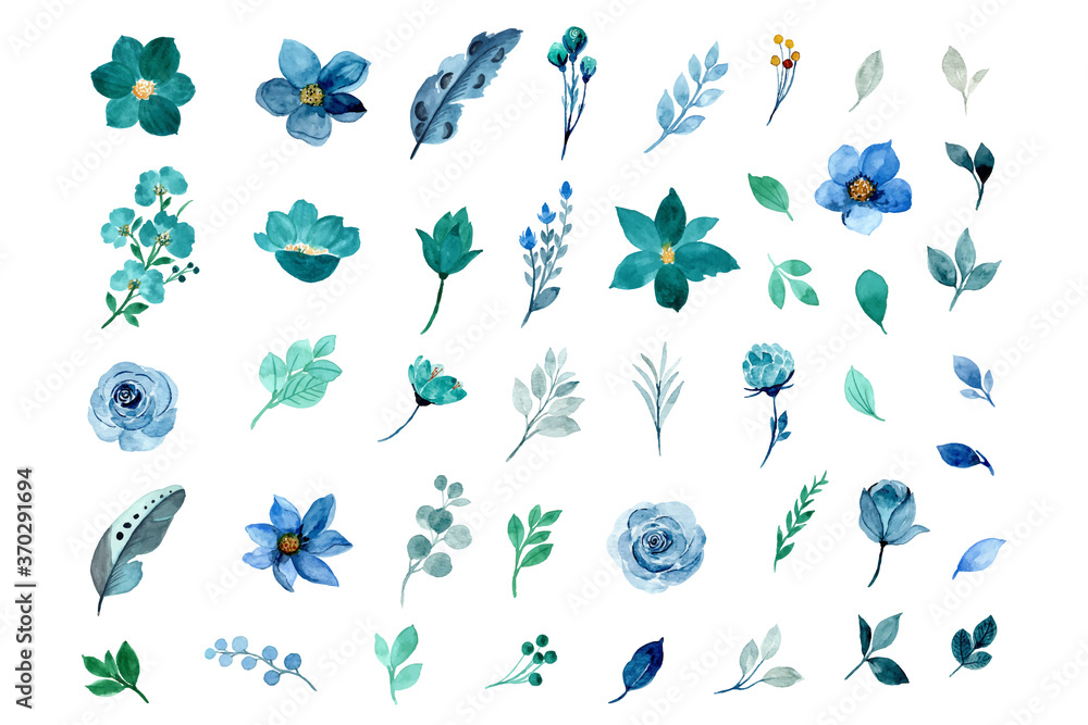 Fototapeta premium green and blue floral element collection with watercolor