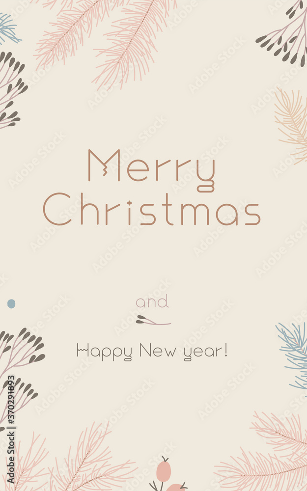 Vector Merry Christmas vertical banner template on white-sand background. Winter sale fair branding. New Year seasonal celebration greeting card. Pinecone Xmas branches border with leaves isolated fir Vector Merry Christmas vertical banner template on white-sand background. Winter sale fair branding. New Year seasonal celebration greeting card. Pinecone Xmas branches border with leaves isolated fir