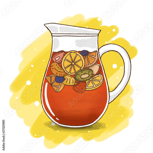 A jar of fruit punch with lots of fruits