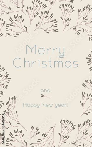 Vector Merry Christmas vertical banner template on sand-colored background. Winter sale fair pattern. New Year seasonal celebration greeting card. Pinecone Xmas branches with frame leaves isolated fir