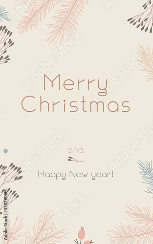 Vector Merry Christmas vertical banner template on white-sand background. Winter sale fair branding. New Year seasonal celebration greeting card. Pinecone Xmas branches border with leaves isolated fir