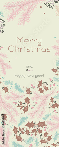 Vector Merry Christmas vertical banner template on sand colored background. Winter sale fair pattern. New Year seasonal celebration greeting card. Pinecone Xmas branches with frame leaves isolated fir
