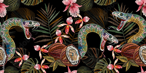 Embroidery snake  coconut and tropical orchid flowers. Horizontal seamless pattern. Fashion template for clothes  textiles  t-shirt design. Summer jungle art