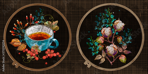 Embroidery collection. Cup of tea, cotton flowers Template tambour frame with a canvas, elements from stitches. Art for clothes