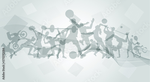 Sports Background. Running, Football, Basketball, Cheerleader, Taekwondo, Volleyball, Badminton, Golf, Tennis, Weightlifting, Yoga, Equestrian, Racing, Bicycle, Swimming. Vector illustration.