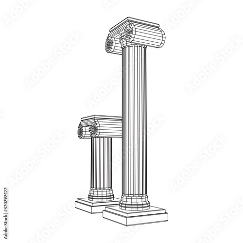 Greek ionic column. Ancient pillars roman antique architecture construction decoration. Wireframe low poly mesh vector illustration.