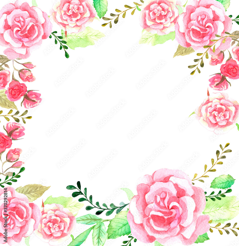 Floral with roses frame with hand painted watercolor flowers, leaves and branches in pink and gold colors. Decorative wreath perfect for card making, wedding invitation.