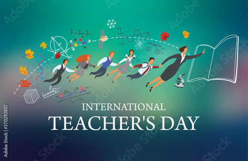 International Teachers Day. The teacher flies into the book and drags the children with him. School attributes around. Festive illustration