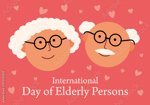 Postcard International Day of Older Persons. Funny grandfather and grandmother on the background of hearts. Congratulations from relatives