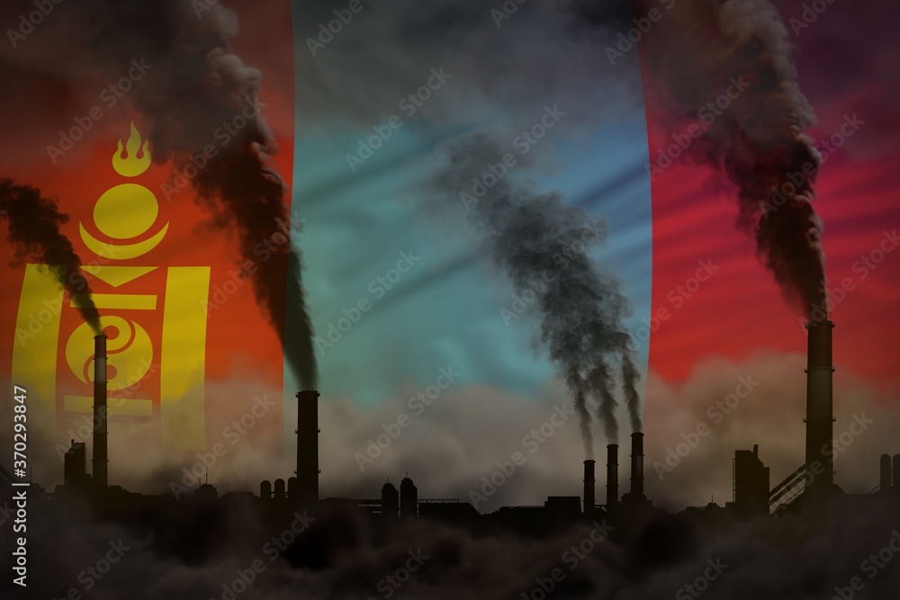 Global warming concept - dense smoke from industrial chimneys on Mongolia flag background with space for your logo - industrial 3D illustration