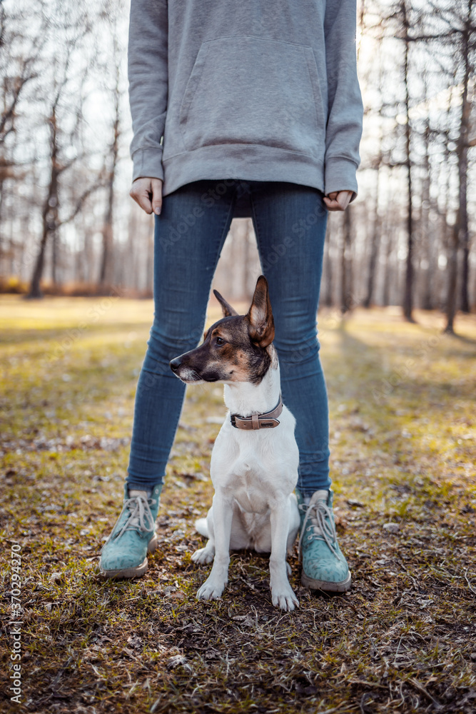 Girl's training a dog in the park..