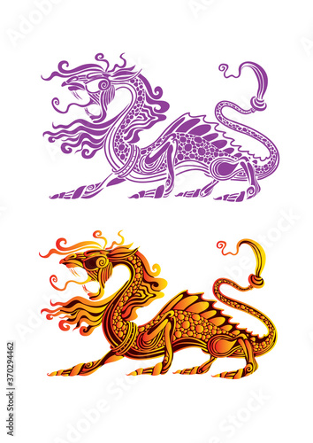 Fototapeta Naklejka Na Ścianę i Meble -  two stylized dragons in different colors, china, tattoo, isolated object on white background, vector illustration,