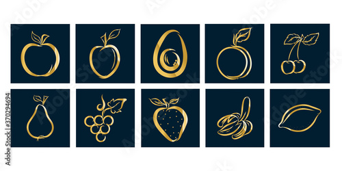 Vector icons. Fruit icon Graphic outline drawing. Gold product on a dark background. Doodle style. Used in web design for print, buttons, stickers, food trade.