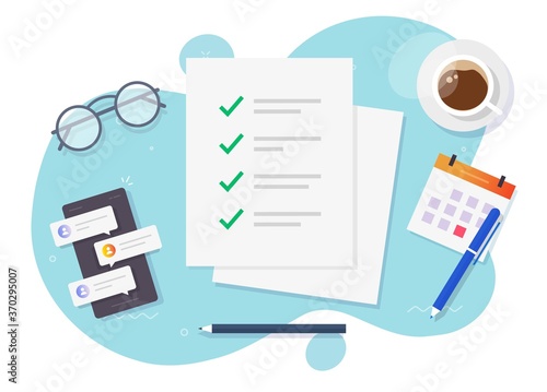 Check list checkmarks as to do task form paper sheet on desk table vector, completed things done, time manager cartoon illustration, paper note with ticks and text flat lay on workplace office