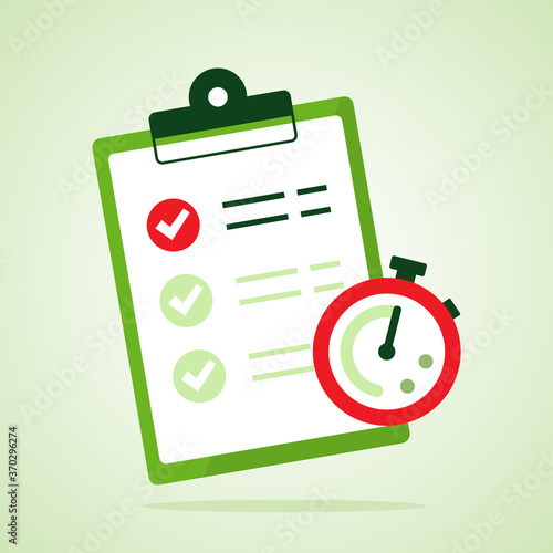 Fast service. Stopwatch with checklist and completed tasks isolated on blue background. Vector illustration
