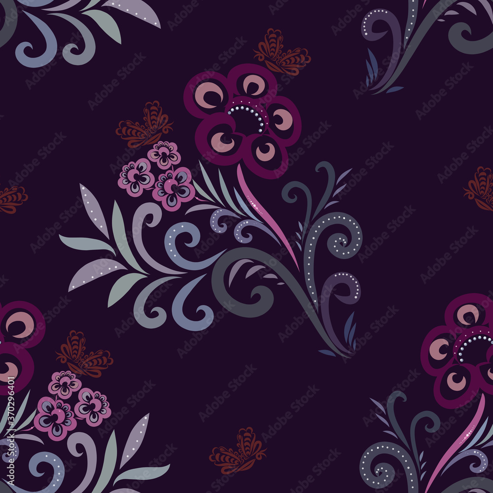 Illustration. Seamless flower on a dark background. Design for packaging, fabric, textile, wallpaper, website, postcard. Illustration. Seamless flower on a dark background. Design for packaging, fabric, textile, wallpaper, website, postcard.