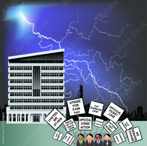 Workers on strike demonstrating with their demands on placards outside office building set against a thunder storm sky