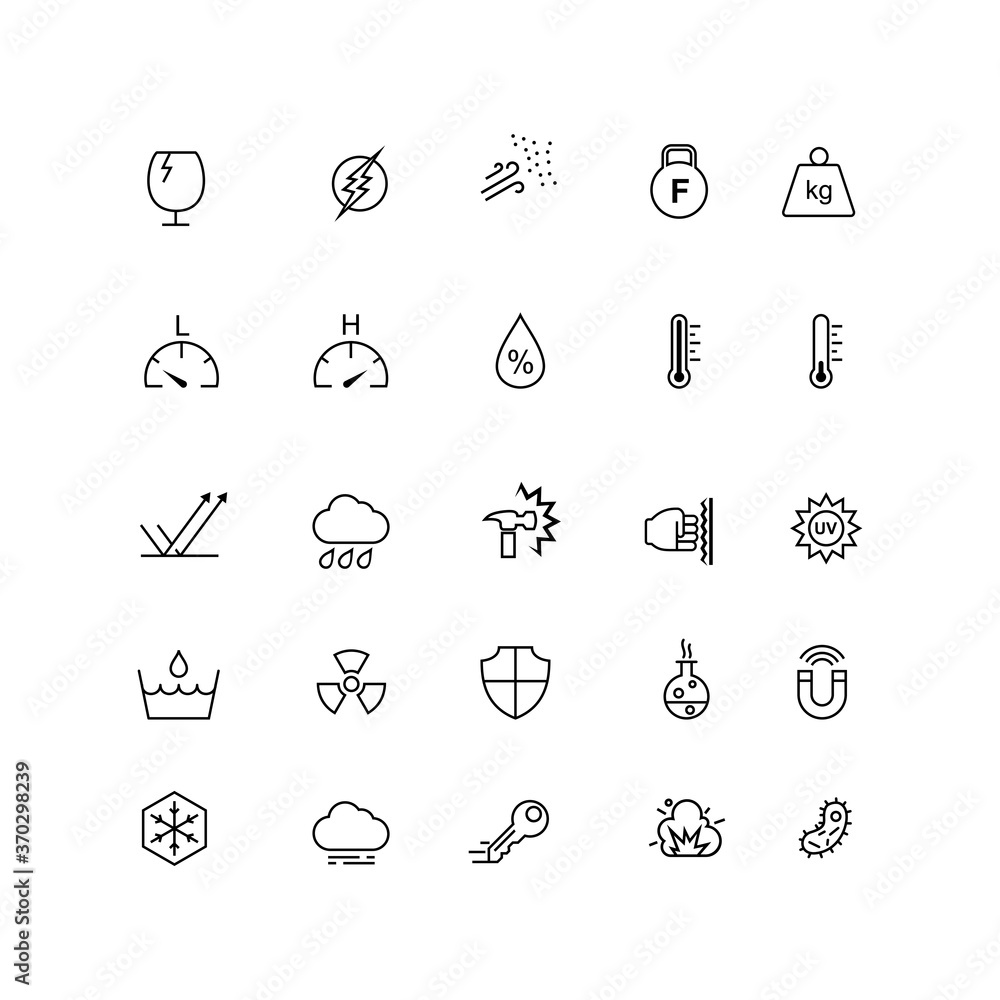 A set of icons for the resistance of a material, such as heat resistance,  impact resistance, water proof. Suitable for design elements from  information of a product, promotion, and material design.  Stock-Vektorgrafik