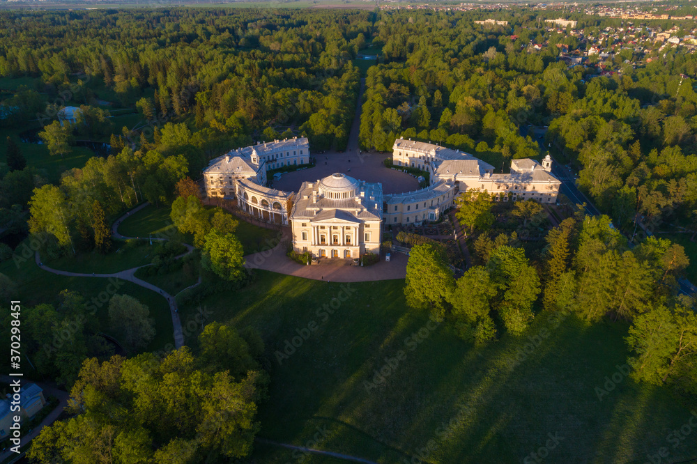 View from a height to old Pavlovsky Palace in a warm May evening (aerial photography). Pavlovsk, Russia