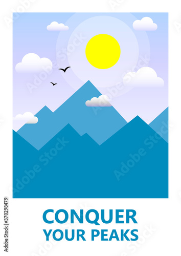color simple vector flat art illustration of mountain landscape on motivational poster
