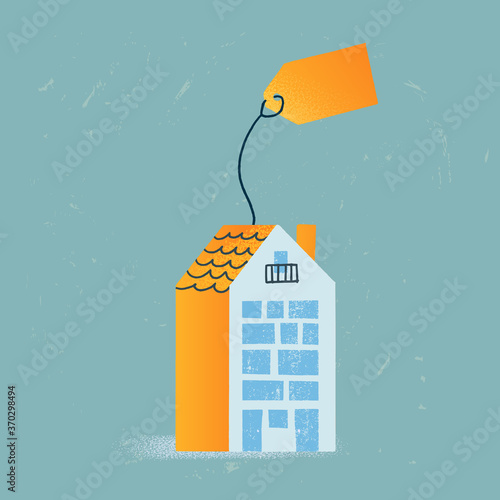 Concept of business in real estate, mortgage, rent. olored building for sale or rent with a price tag. Blue and orange house in flat style