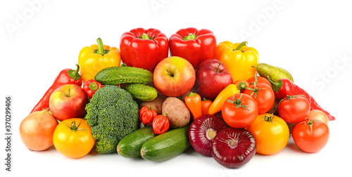 Composition of ripe and fresh vegetables and fruits isolated on white