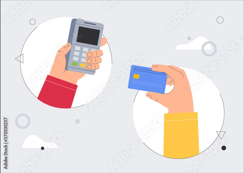 Two hands hold a POS terminal and a credit debit Bank card. The concept of a cashless, online paying for web page, landing page, application, or advertising. Flat style vector illustration.
