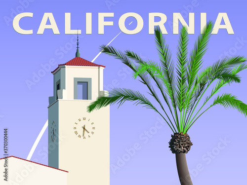 California architecture style building and a palm tree on the background of a space rocket launch – poster, vector illustration 