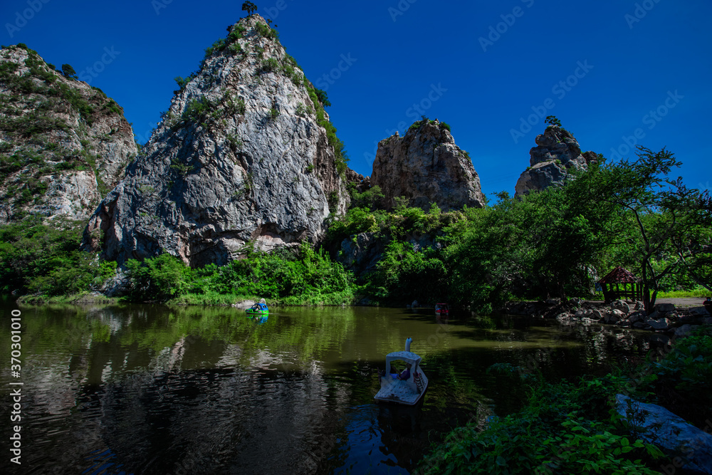 Khao Ngu Stone Park-Ratchaburi: July27 2020,atmosphere of natural tourist attractions,tourists and travelers come to see the beauty of mountains and various kinds of trees the urban area,Thailand.