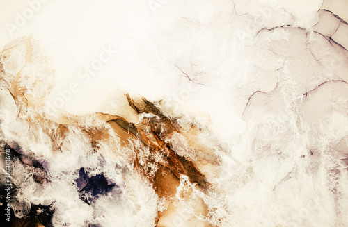 Marble texture art background. Alcohol ink water. Brown white blue mineral stone texture. Creative abstract sea salt creative design. Natural rock pattern. Luxury stained surface. © golubovy