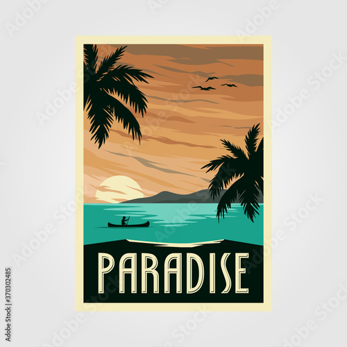 tropical paradise beach vintage poster illustration design, vintage travel design