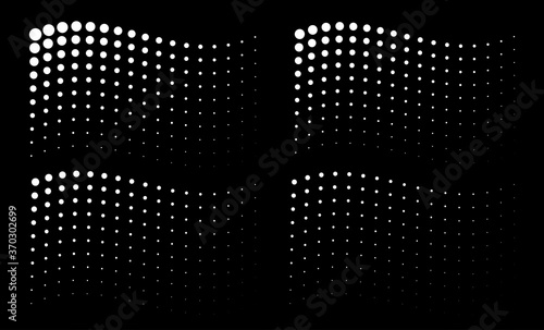 Set of corner wavy white gradient halftone dots backgrounds. Horizontal templates using halftone wave pattern. Flag shape. Logo design element. Vector illustration.