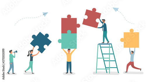 Business concept. Team metaphor. people connecting puzzle elements. Vector illustration flat design style. Symbol of teamwork, cooperation, partnership.