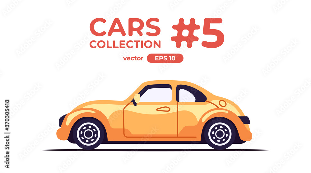 Little mini car isolated on white background. Flat style eps10 illustration. Vehicle set. Side view. Simple modern design. Icons collection. Yellow color.