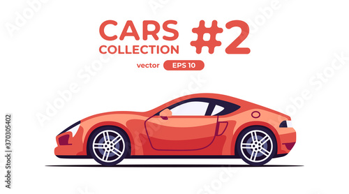 Car isolated on white background. Flat style eps10 illustration. Vehicle set. Side view. Simple modern design. Icons collection. Red color supercar sedan.