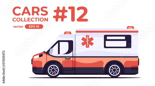Ambulance emergency car isolated on white background. Flat style eps10 illustration. Vehicle set. Side view first aid. Simple modern design. Icons collection.