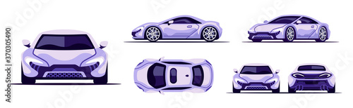 Car supercar set isolated on white background. Vehicle front, side, back, above view. Flat style eps10 illustration. Simple modern design. Icons collection.