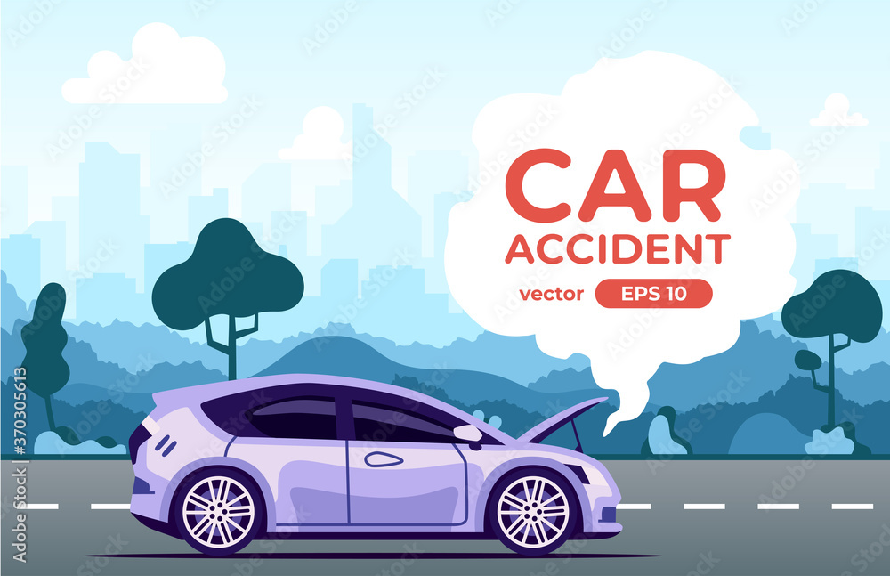 Car broken down. Accident on the road. Flat style eps10 illustration. Hatchback vehicle with open hood. Side view. Simple modern design. Icons collection.