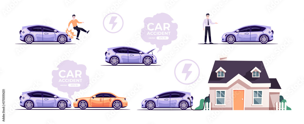 Obraz premium Car accidents set isolated on white background. Broken car, stolen by thief, damaged, car hitting a man. Flat style eps10 illustration. Vehicle crush on the road. Simple modern design.