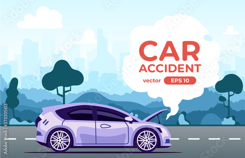 Car broken down. Accident on the road. Flat style eps10 illustration. Hatchback vehicle with open hood. Side view. Simple modern design. Icons collection.